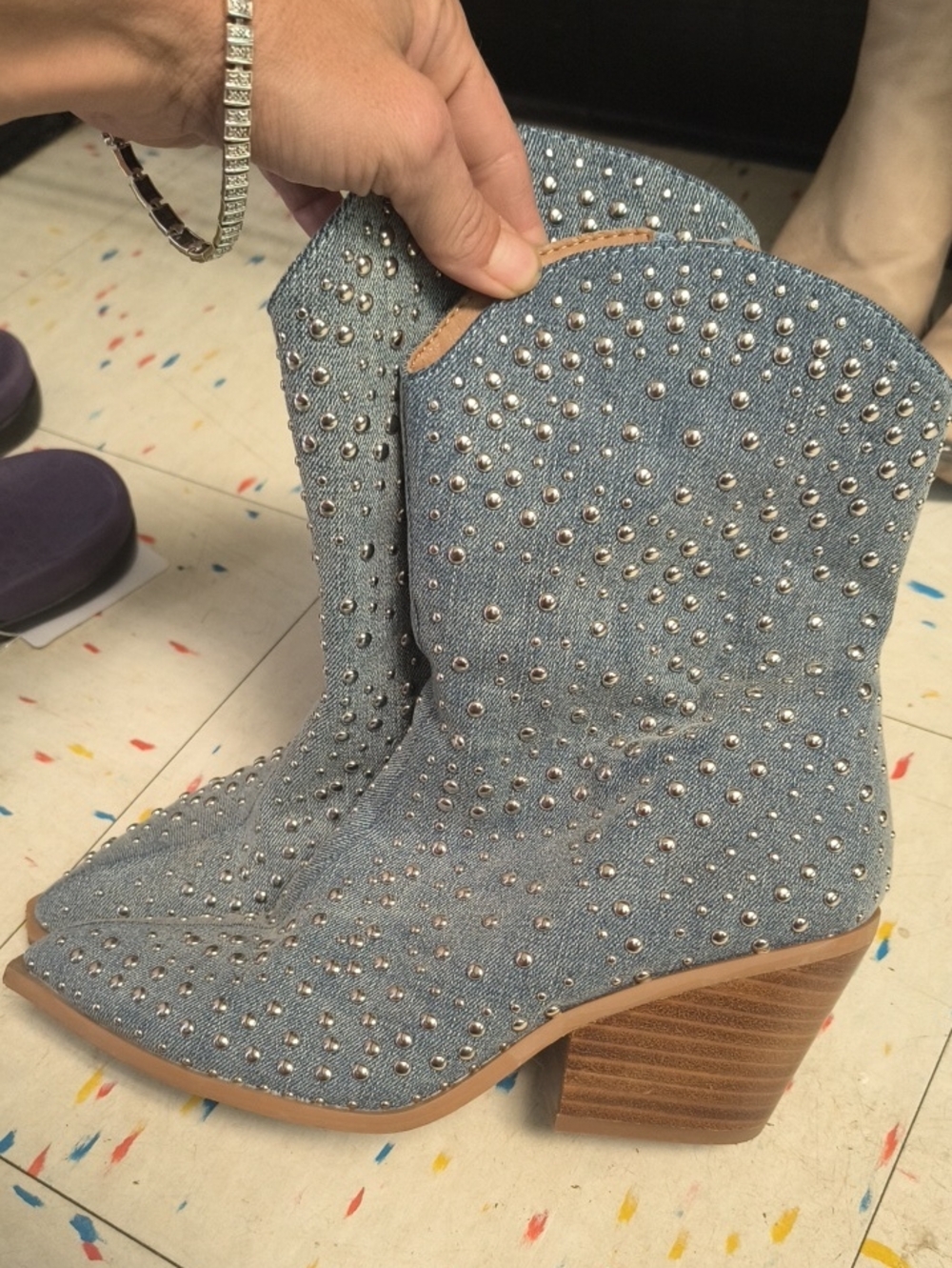 Corkys Light Blue Studded Denim Ankle Booties